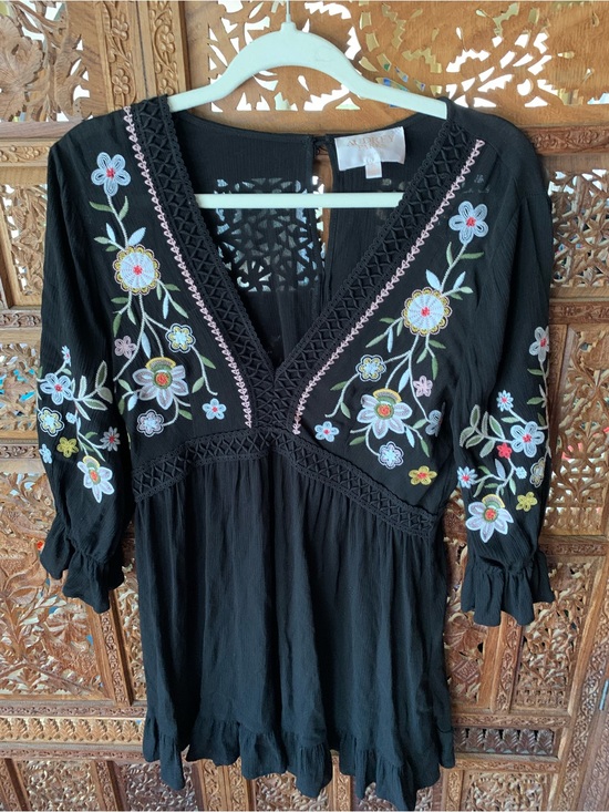 Audrey Parks Dresses & Skirts - Black Embroidered V-Neck Tunic with Floral Detail